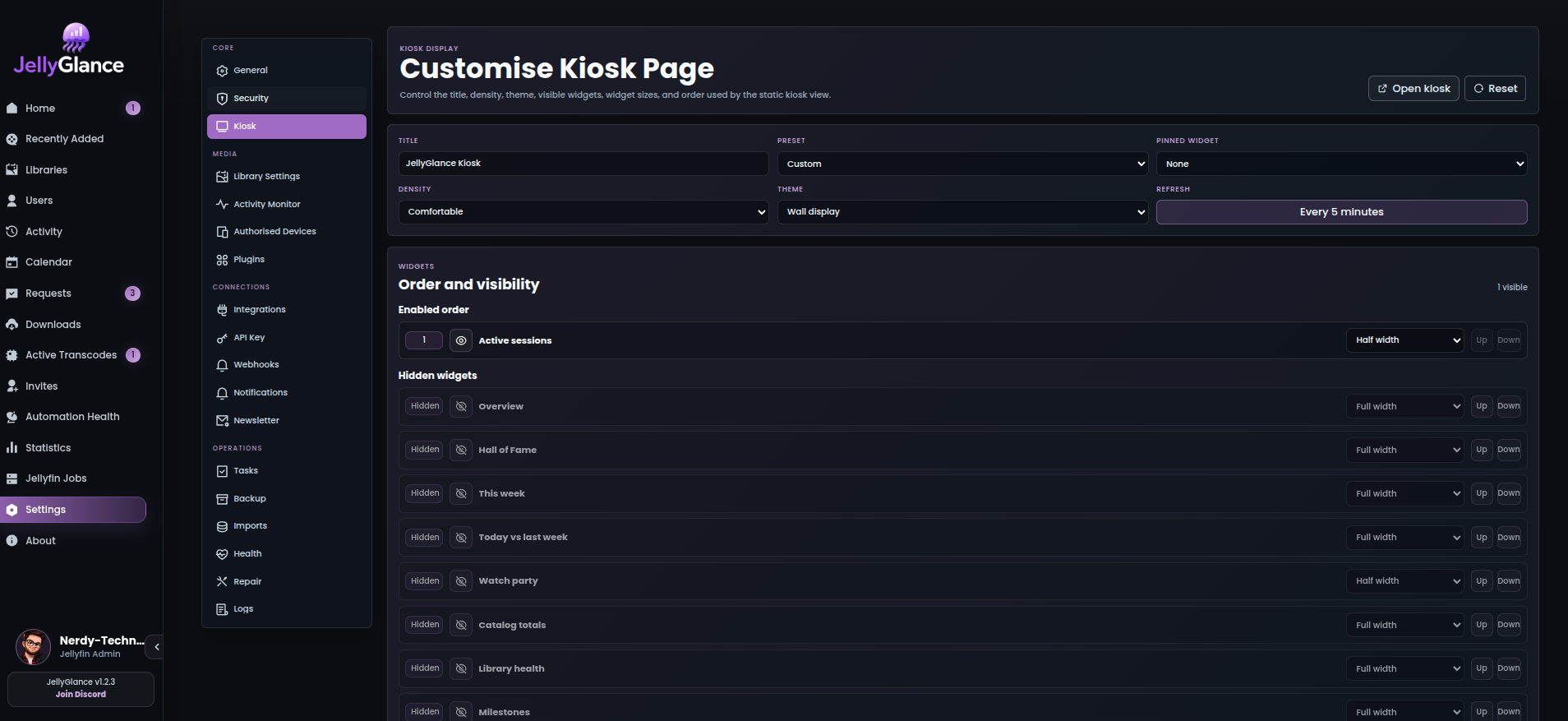 Kiosk settings showing display customization options
