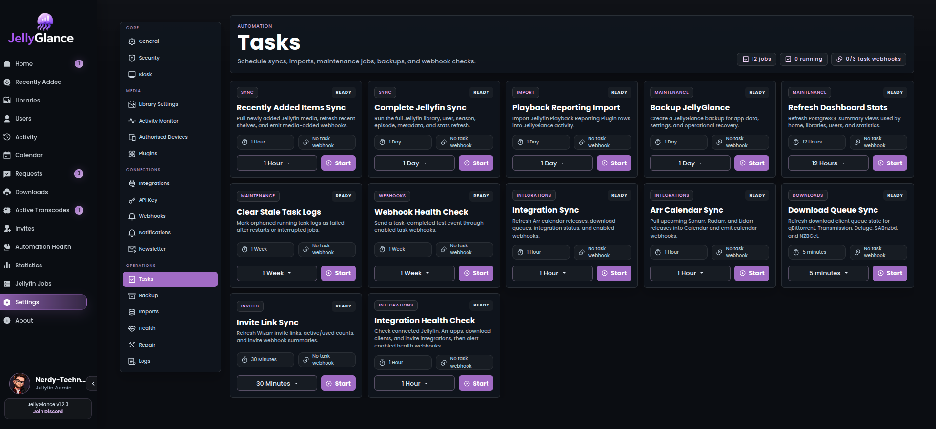 Task settings and run history